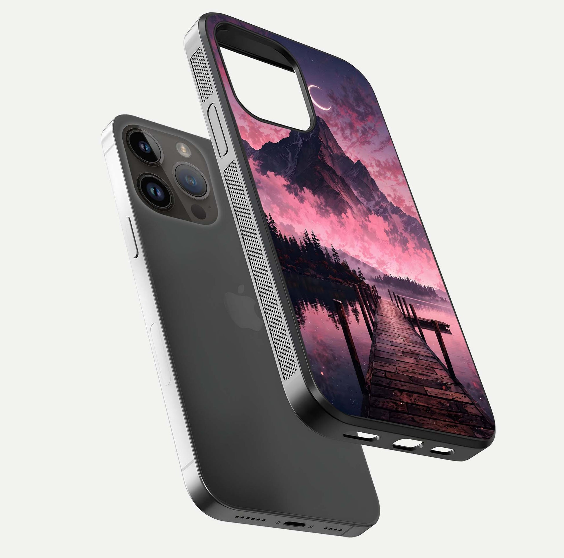 Beautyful Mountain View Glass Case for iPhone 16 Pro floating dual mockup showing edges and reflective sky print