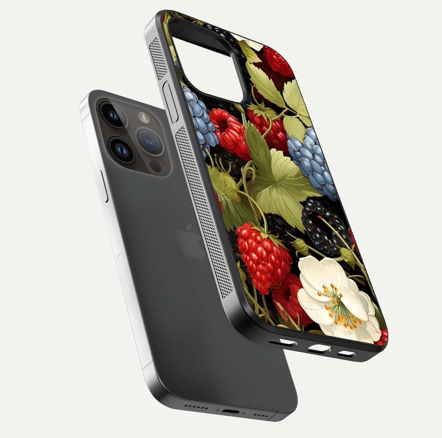 Berry Bloom Charm Glass Case for iPhone 14 Pro Max floating mockup capturing glossy reflection and curved-edge finish