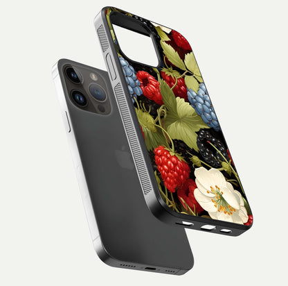 Berry Bloom Charm Glass Case for iPhone 14 Pro Max floating mockup capturing glossy reflection and curved-edge finish