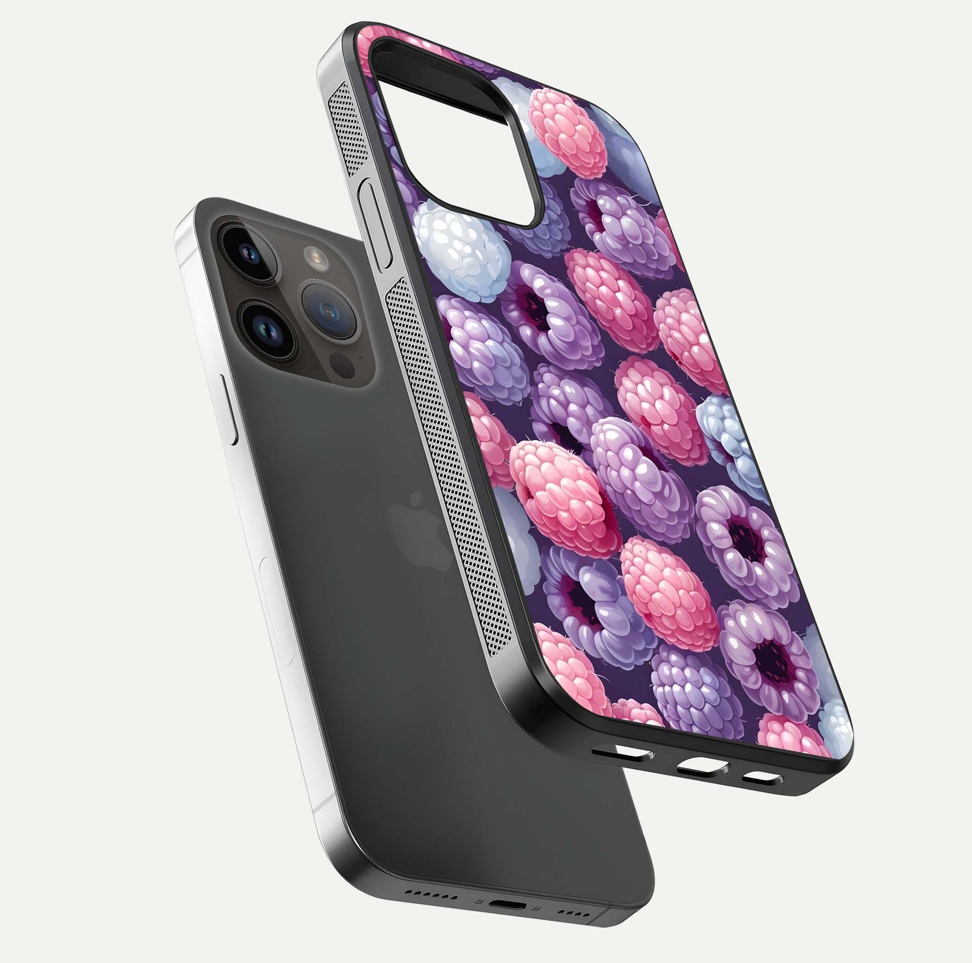 Berry Candy Pop Glass Case for iPhone 14 Pro Max floating dual-view mockup highlighting gloss shine and curved edges