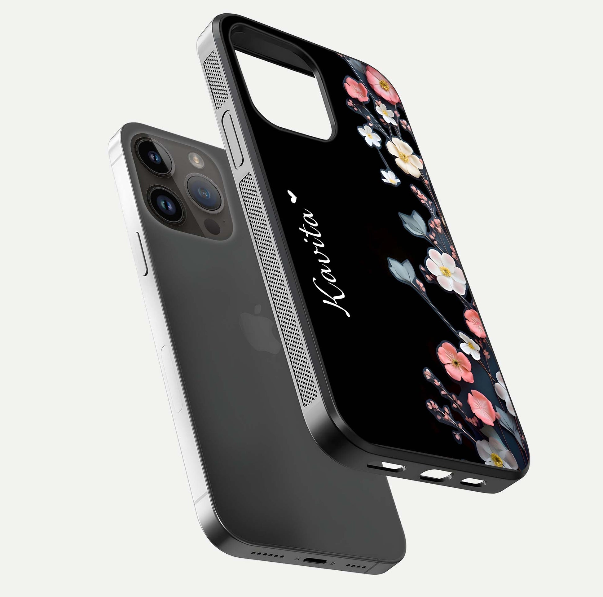 Black Elegance Floral Custom Name Glass Case for iPhone 14 Pro Max floating mockup emphasizing premium shine and floral art