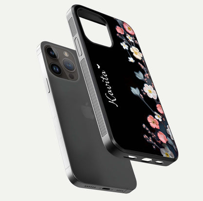 Black Elegance Floral Custom Name Glass Case for iPhone 14 Pro Max floating mockup emphasizing premium shine and floral art