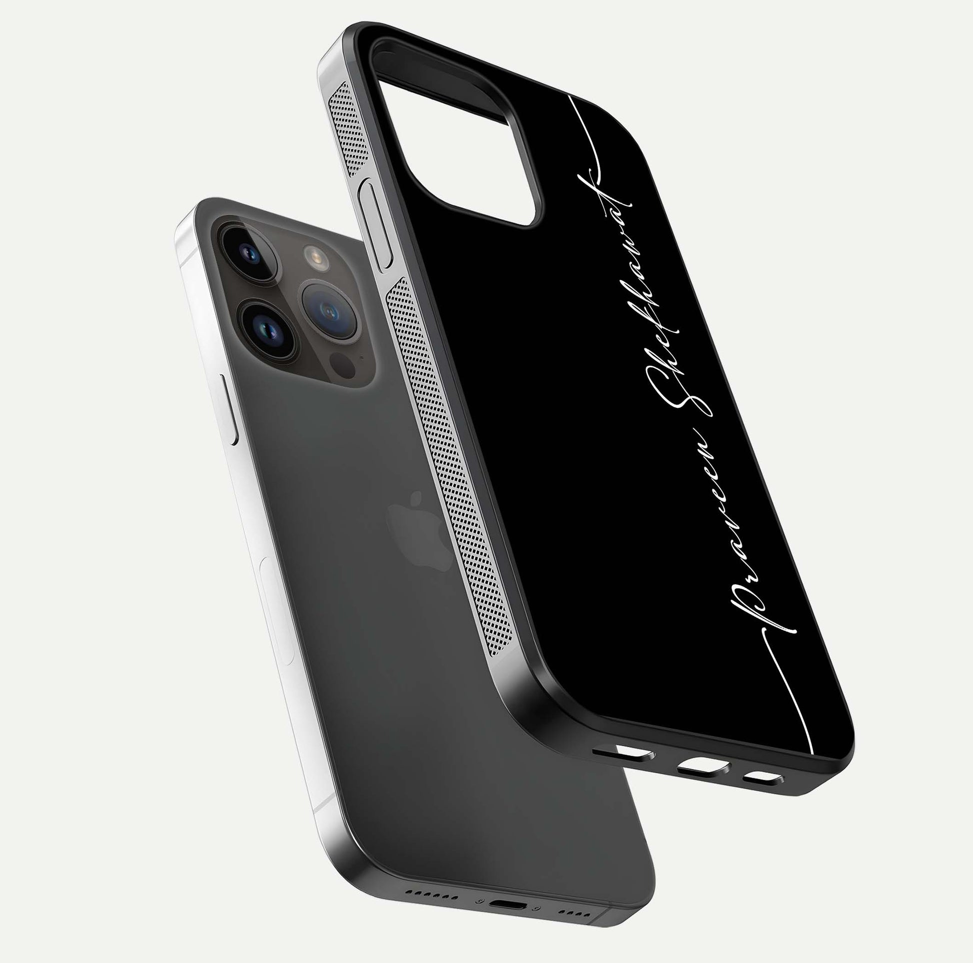 Black Tune Custom Name Glass Case for iPhone 14 Pro Max floating dual-view mockup emphasizing modern glossy texture