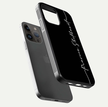 Black Tune Custom Name Glass Case for iPhone 14 Pro Max floating dual-view mockup emphasizing modern glossy texture