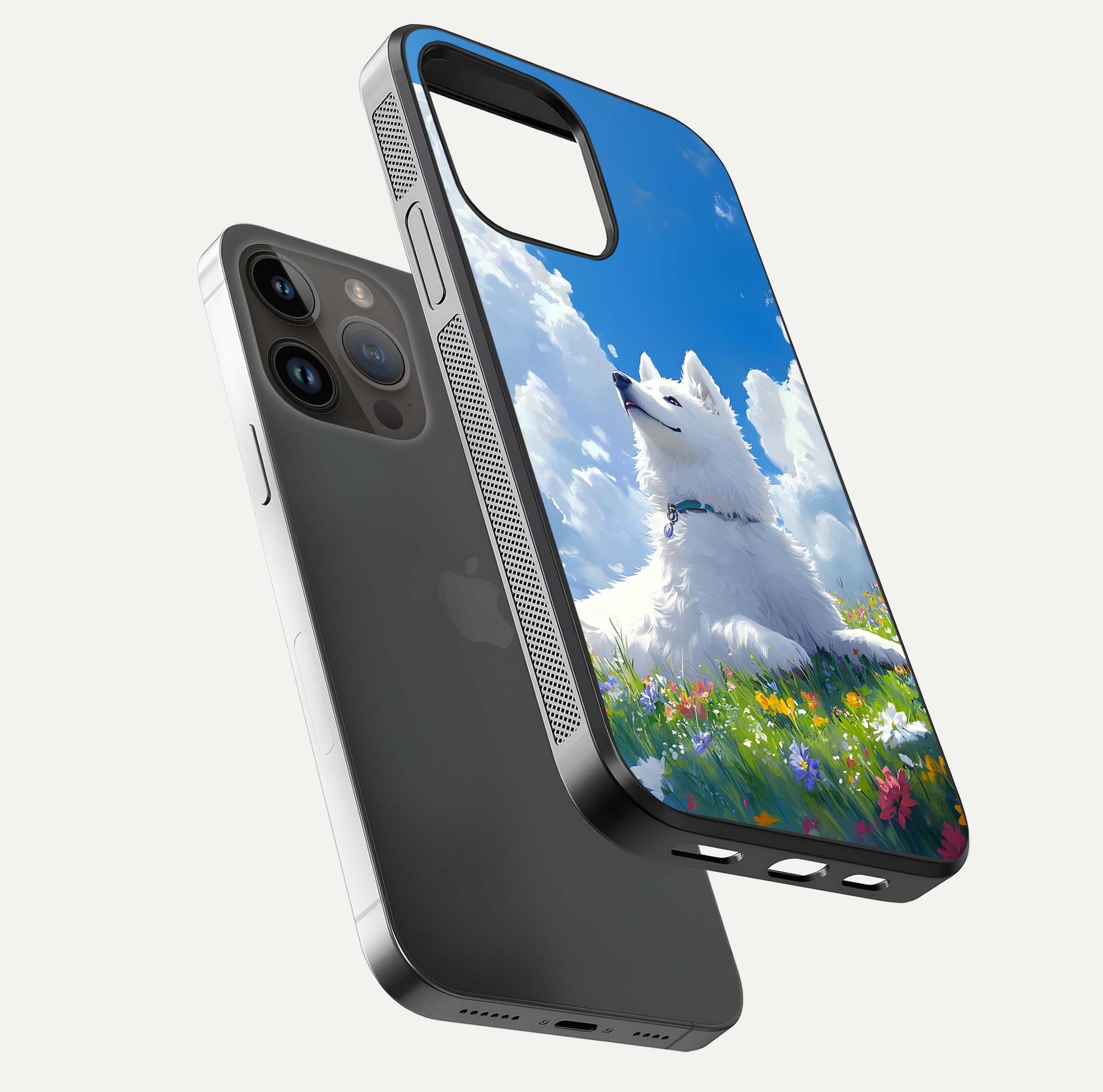 Blissful Cloud Pup Glass Case for iPhone 14 Pro Max floating mockup capturing playful aesthetic and gloss finish