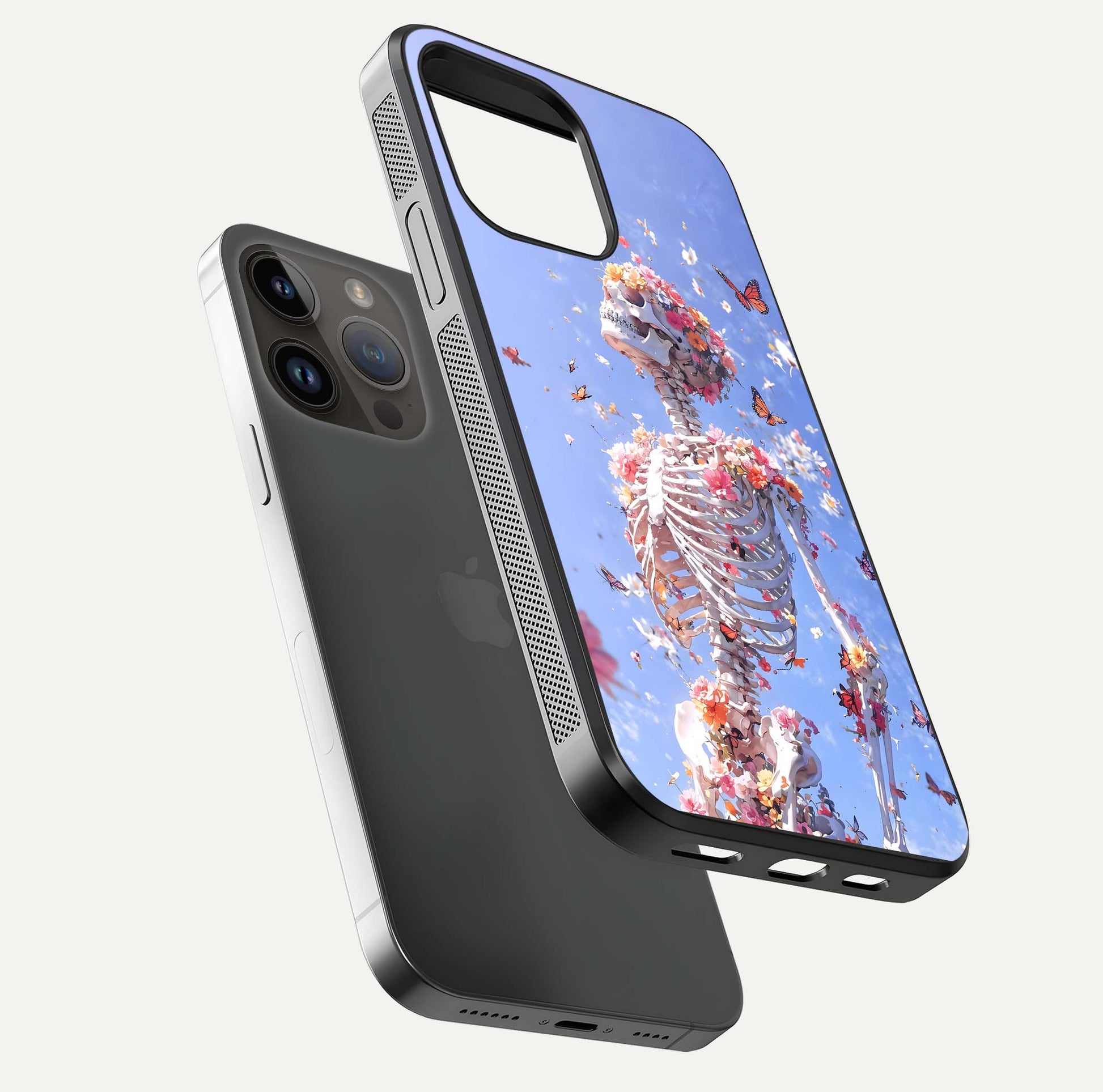 Bloom Beyond Bones Glass Case for iPhone 14 Pro Max floating mockup displaying shine, texture, and gloss detail