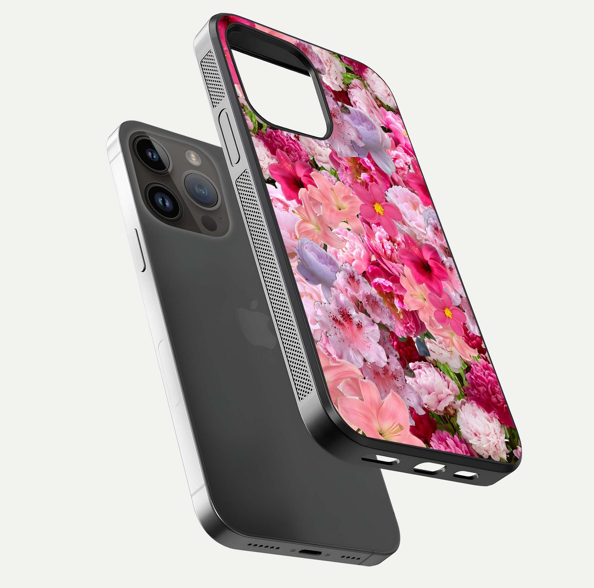 Bloom Crush Fantasy Glass Case for iPhone 14 Pro Max floating mockup showing floral pattern clarity and HD glass