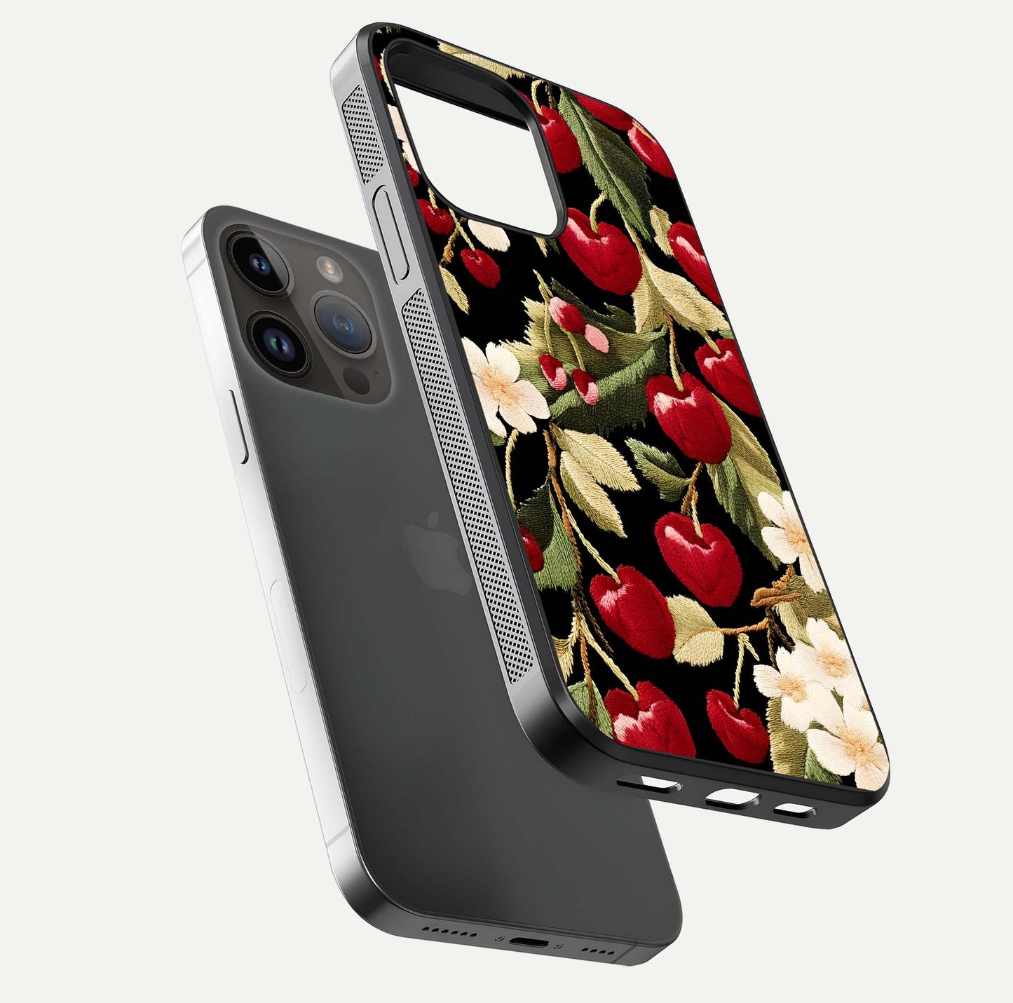 Bloom Thread Art Glass Case for iPhone 14 Pro Max floating mockup showing premium reflection and stitched art vibe