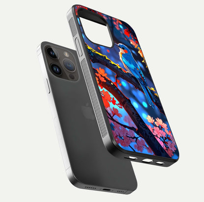 Blooming Spendor Bird Glass Case for iPhone 14 Pro Max floating dual-mockup capturing gloss tone and curved texture