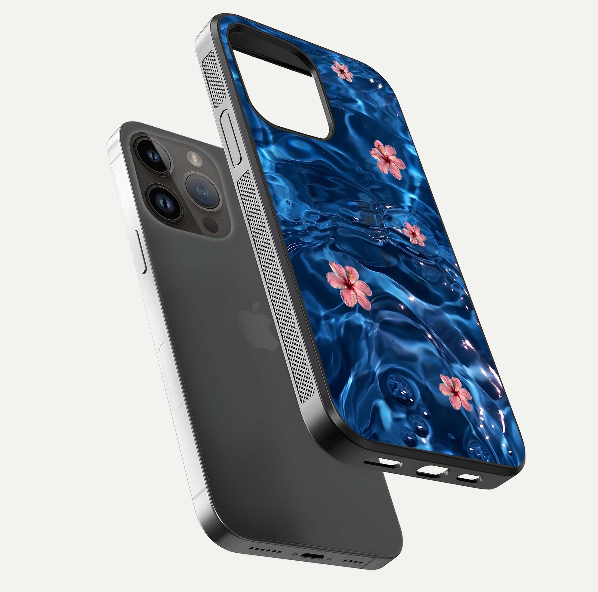 Blooming Water Drift Glass Case for iPhone 14 Pro Max floating dual-view mockup showing floral drift pattern and reflective surface