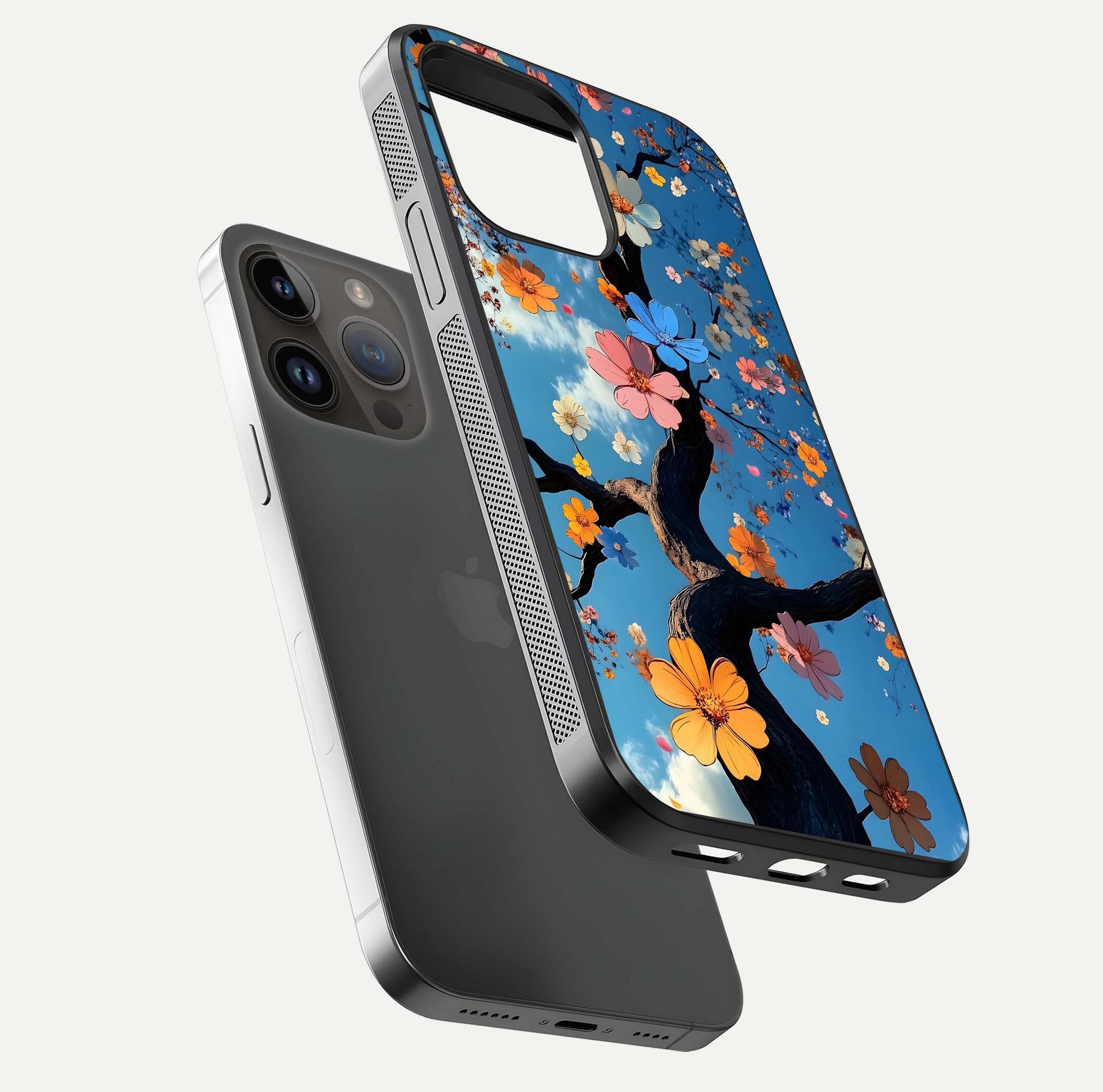 Blossom Dream Sky Glass Case for iPhone 14 Pro Max floating dual-mockup displaying smooth finish and elegant sky tones