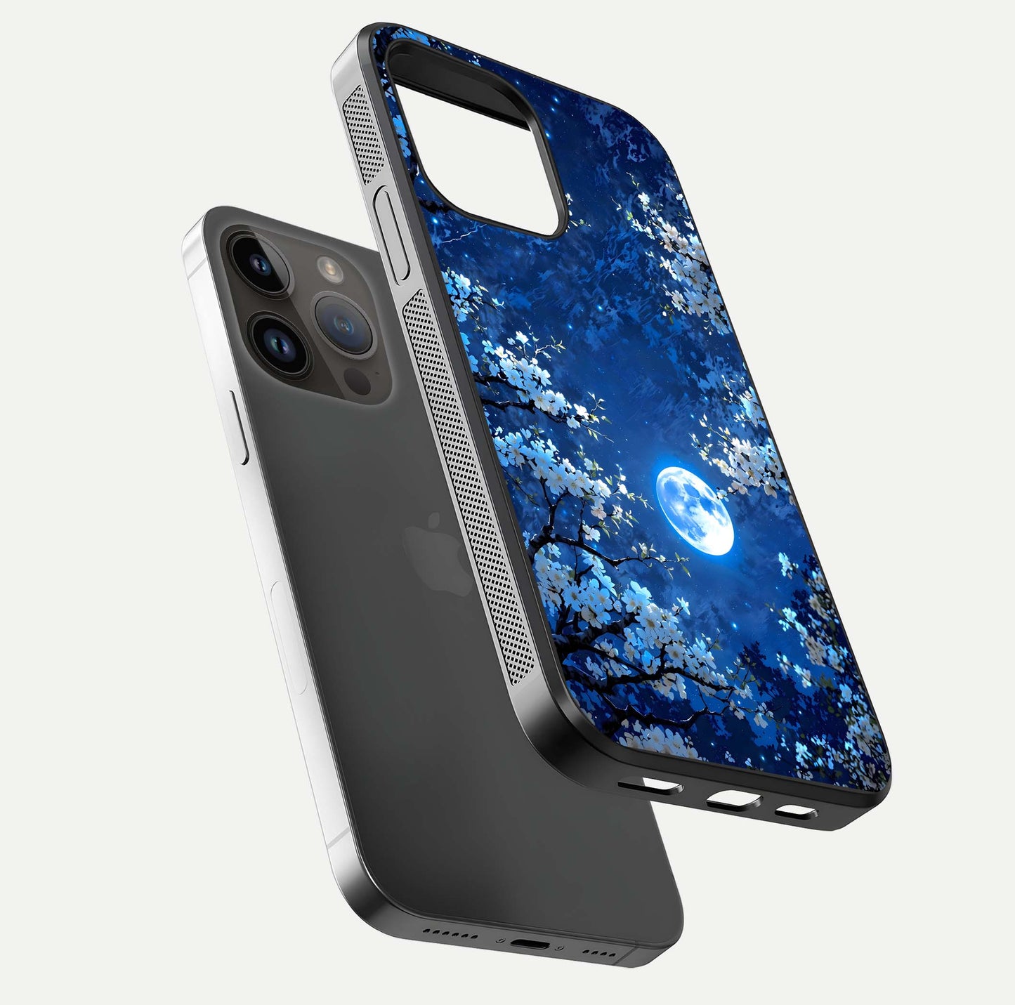 Blossom Moonlight Sky Glass Case for iPhone 14 Pro Max floating mockup showing glowing moon accent and HD gloss texture