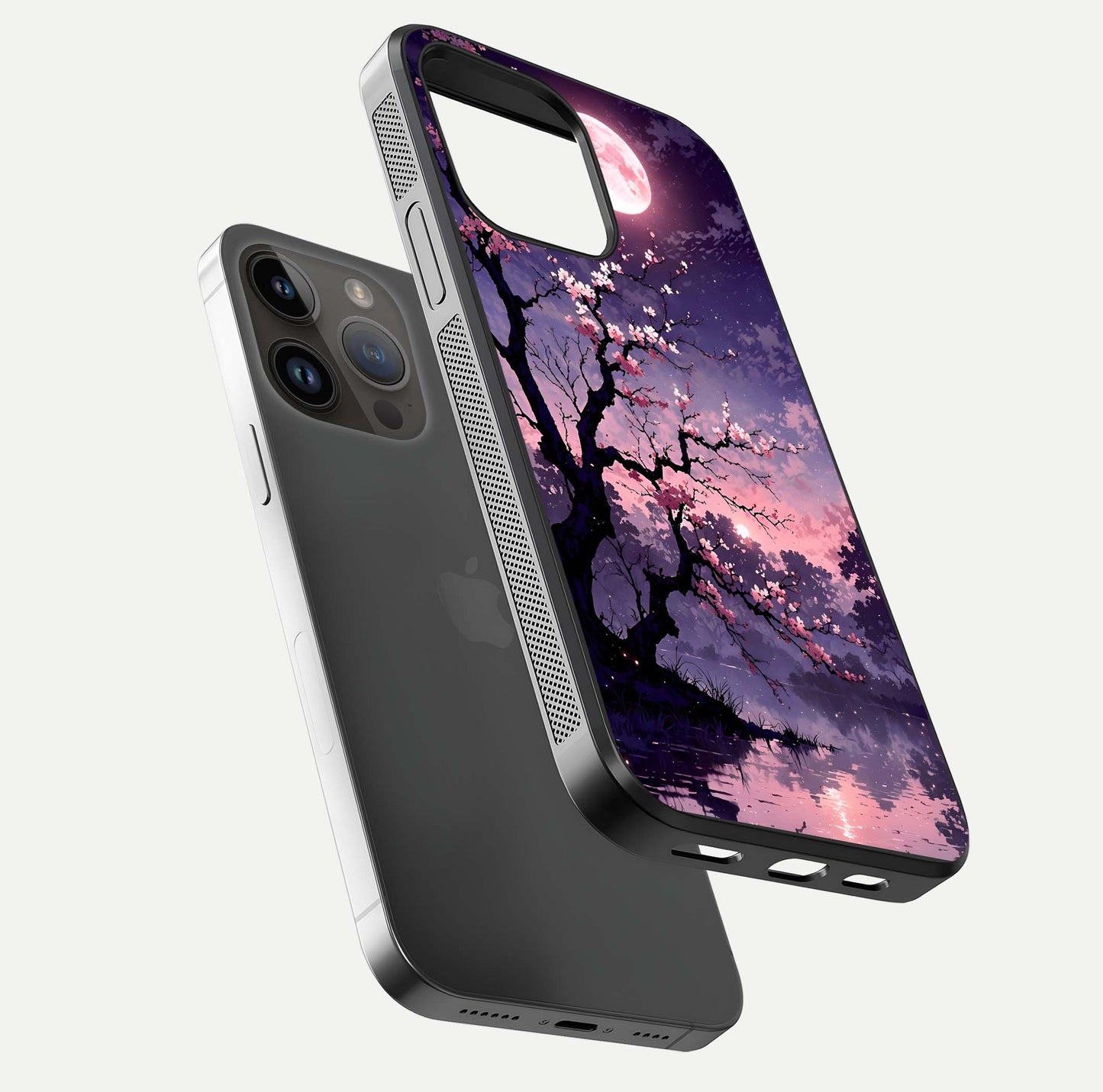 Blossom Pink Moon Glass Case for iPhone 14 Pro Max floating mockup emphasizing dreamy pink moon aura and smooth finish
