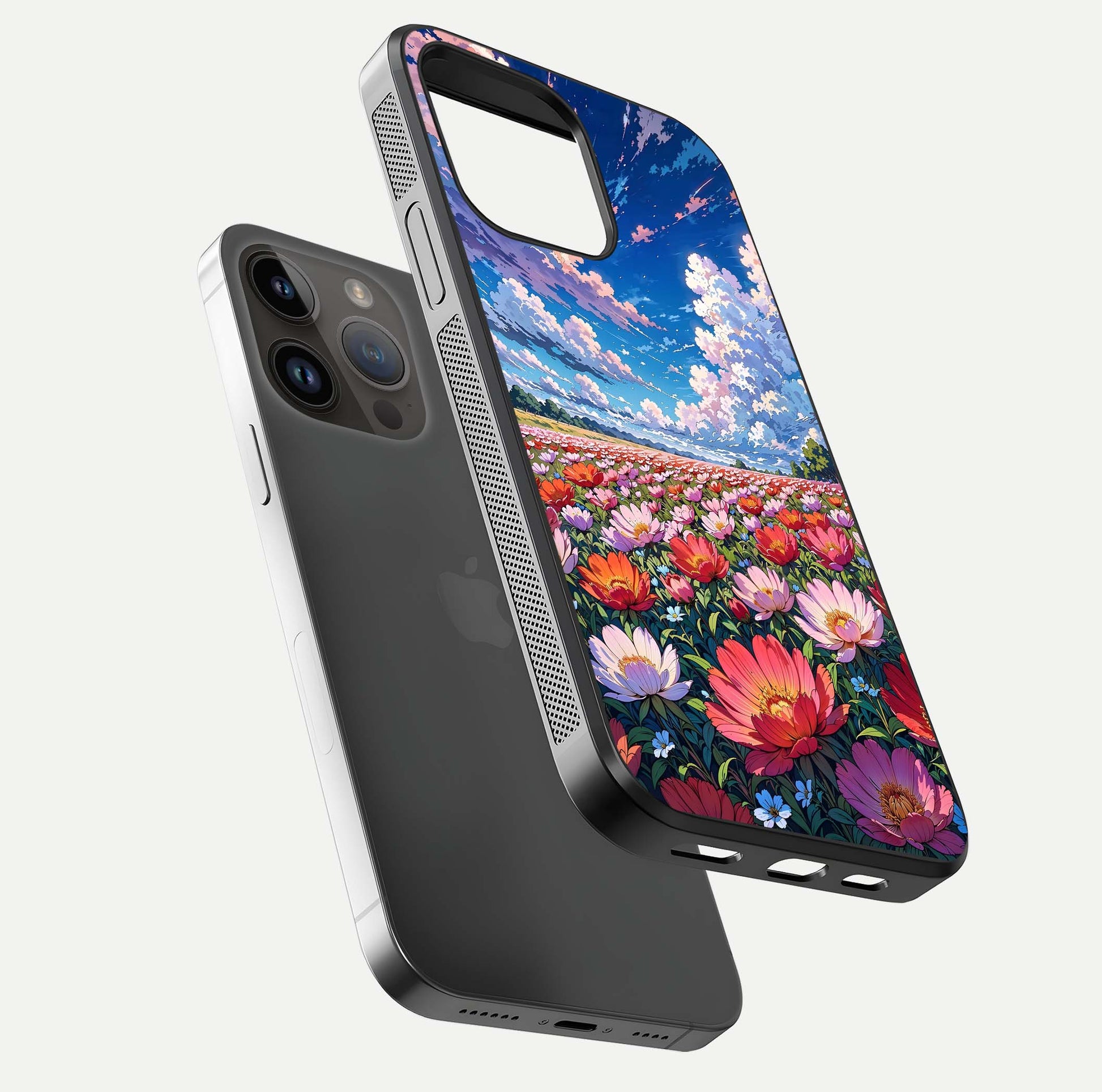 Blossom Sky Field Glass Case for iPhone 16 Pro floating mockup displaying sky bloom concept with smooth finish