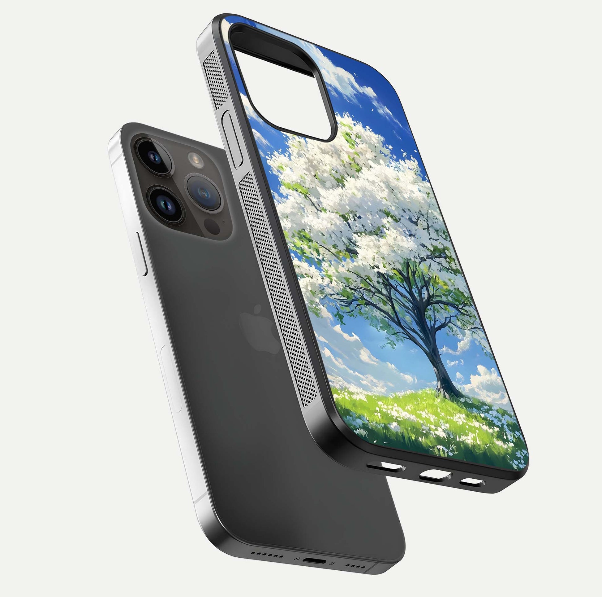Blossom Sky Serenity Glass Case for iPhone 14 Pro Max floating mockup capturing gloss surface and tranquil design