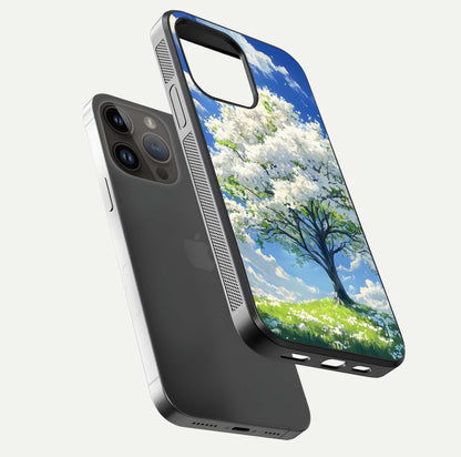 Blossom Sky Serenity Glass Case for iPhone 14 Pro Max floating mockup capturing gloss surface and tranquil design