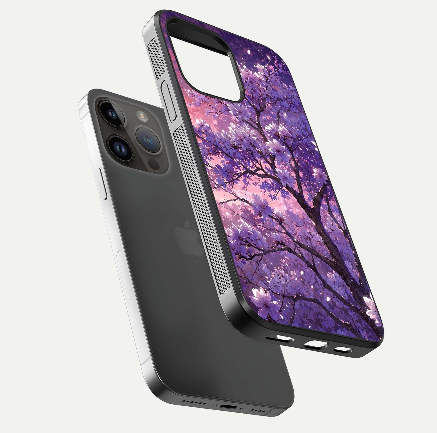 Blossom Tree Glass Case for iPhone 14 Pro Max floating dual-mockup displaying texture detail and curved edges