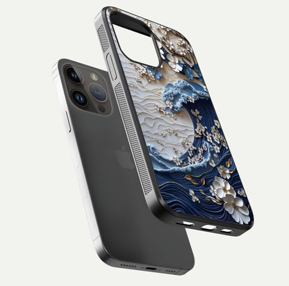 Blossom Wave Art Glass Case for iPhone 14 Pro Max floating mockup displaying pattern details and reflective shine