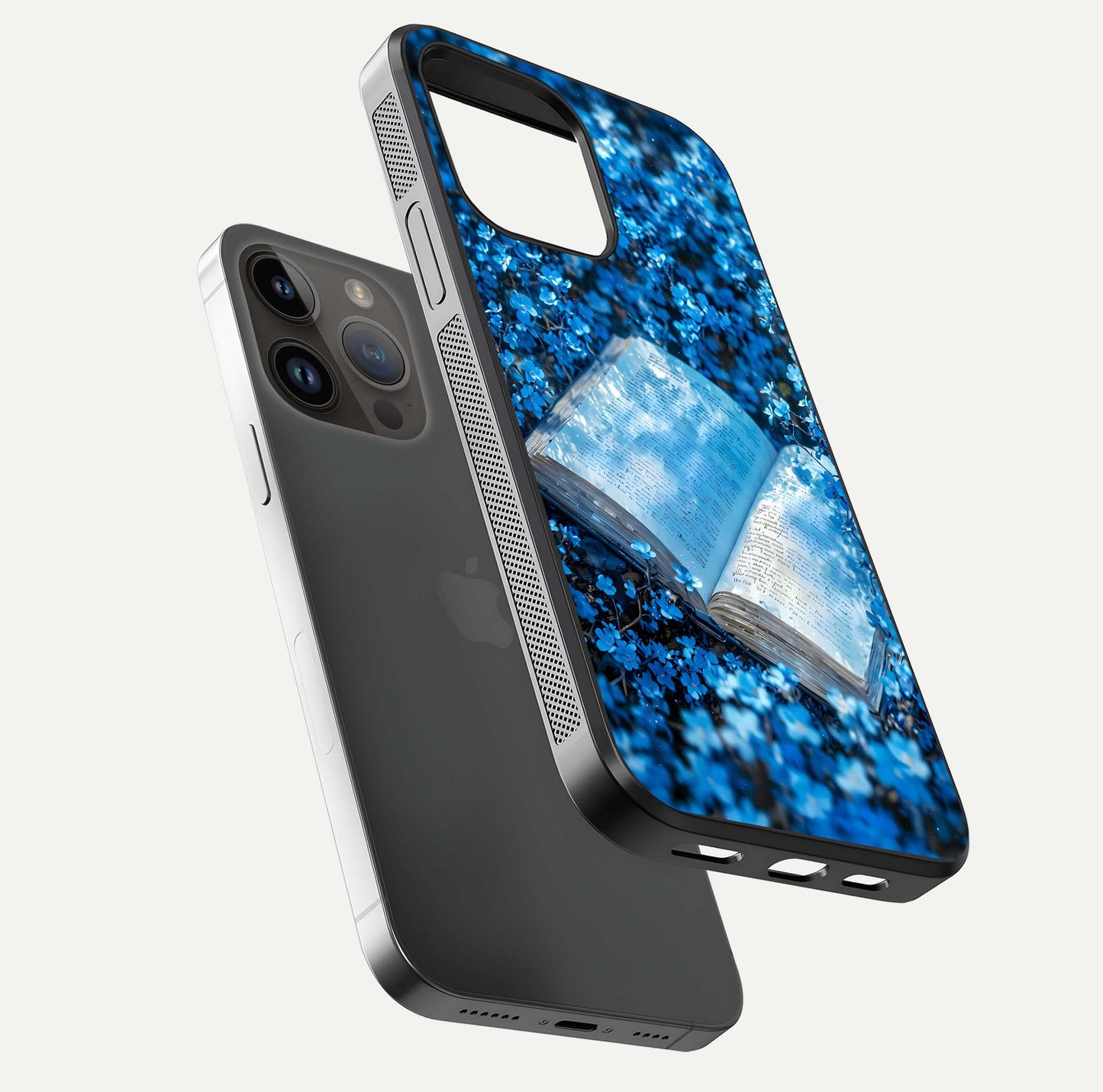 Blue Bloom Tales Glass Case for iPhone 14 Pro Max floating mockup showing detailed bloom and reflective surface