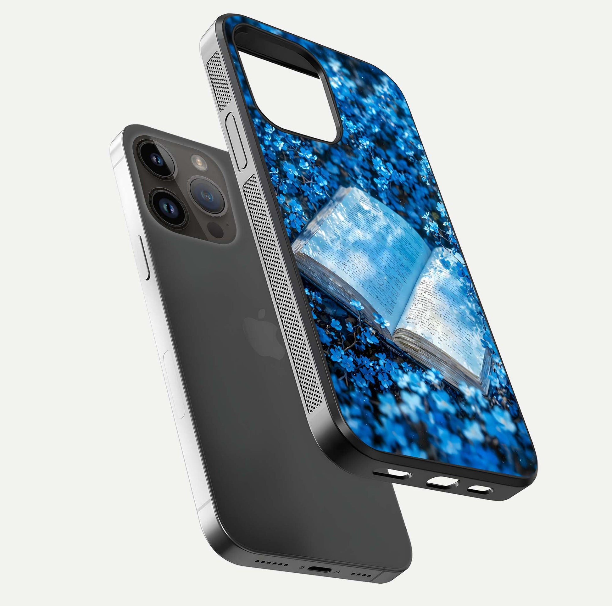 Blue Bloom Tales Glass Case for iPhone 14 Pro Max floating mockup showing detailed bloom and reflective surface