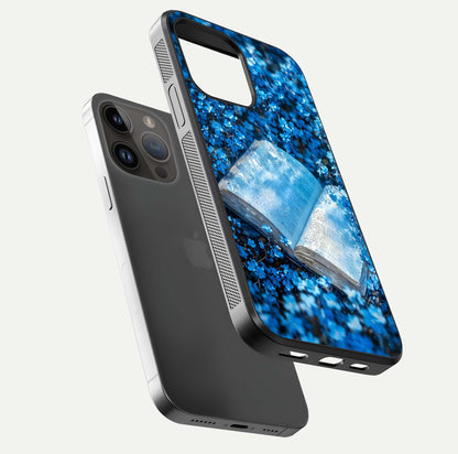 Blue Bloom Tales Glass Case for iPhone 14 Pro Max floating mockup showing detailed bloom and reflective surface