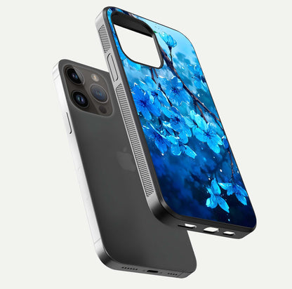 Blue Blossoms Branch Glass Case for iPhone 14 Pro Max floating mockup showing shine, curved edges, and branch detailing