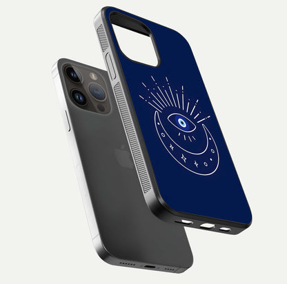 Blue Evil Eye Glass Case for iPhone 14 Pro Max floating mockup displaying glossy protection and spiritual artwork