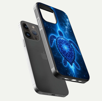 Blue Galaxy Turtle Glass Case for iPhone 14 Pro Max floating dual-mockup showing gloss depth and color transitions