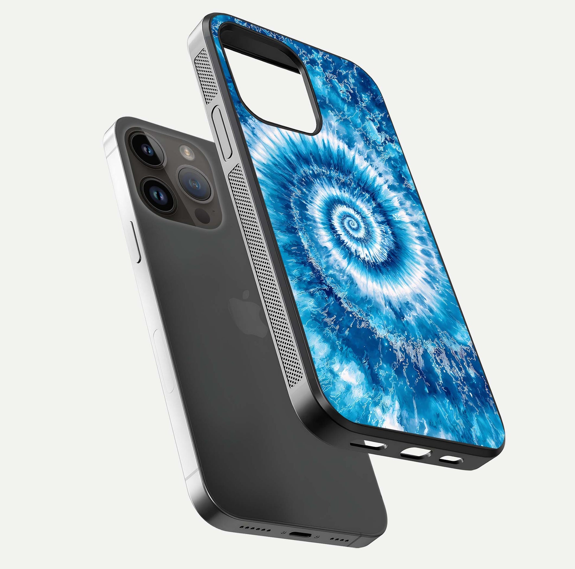 Blue Galaxy Wave Glass Case for iPhone 14 Pro Max floating mockup revealing cosmic depth and curved-edge texture
