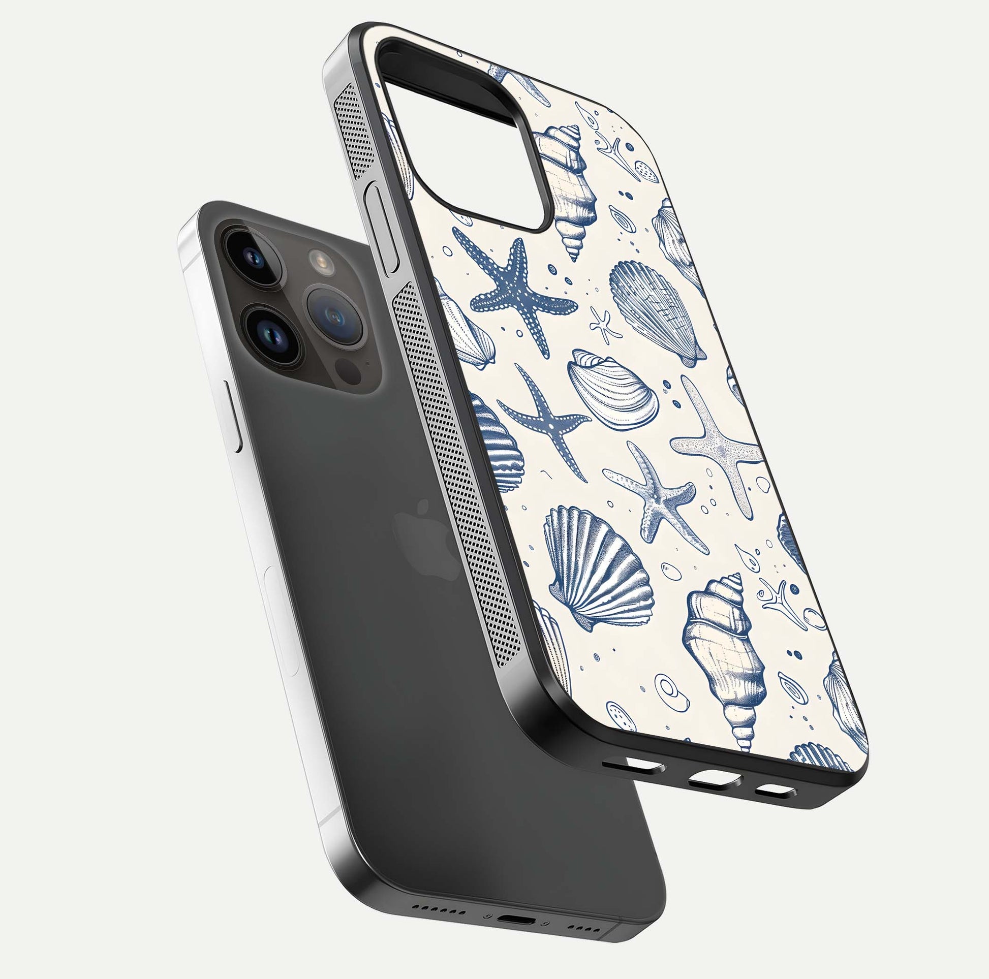 Blue Ocean Outline Glass Case for iPhone 14 Pro Max floating mockup displaying marine-inspired aesthetic and smooth surface