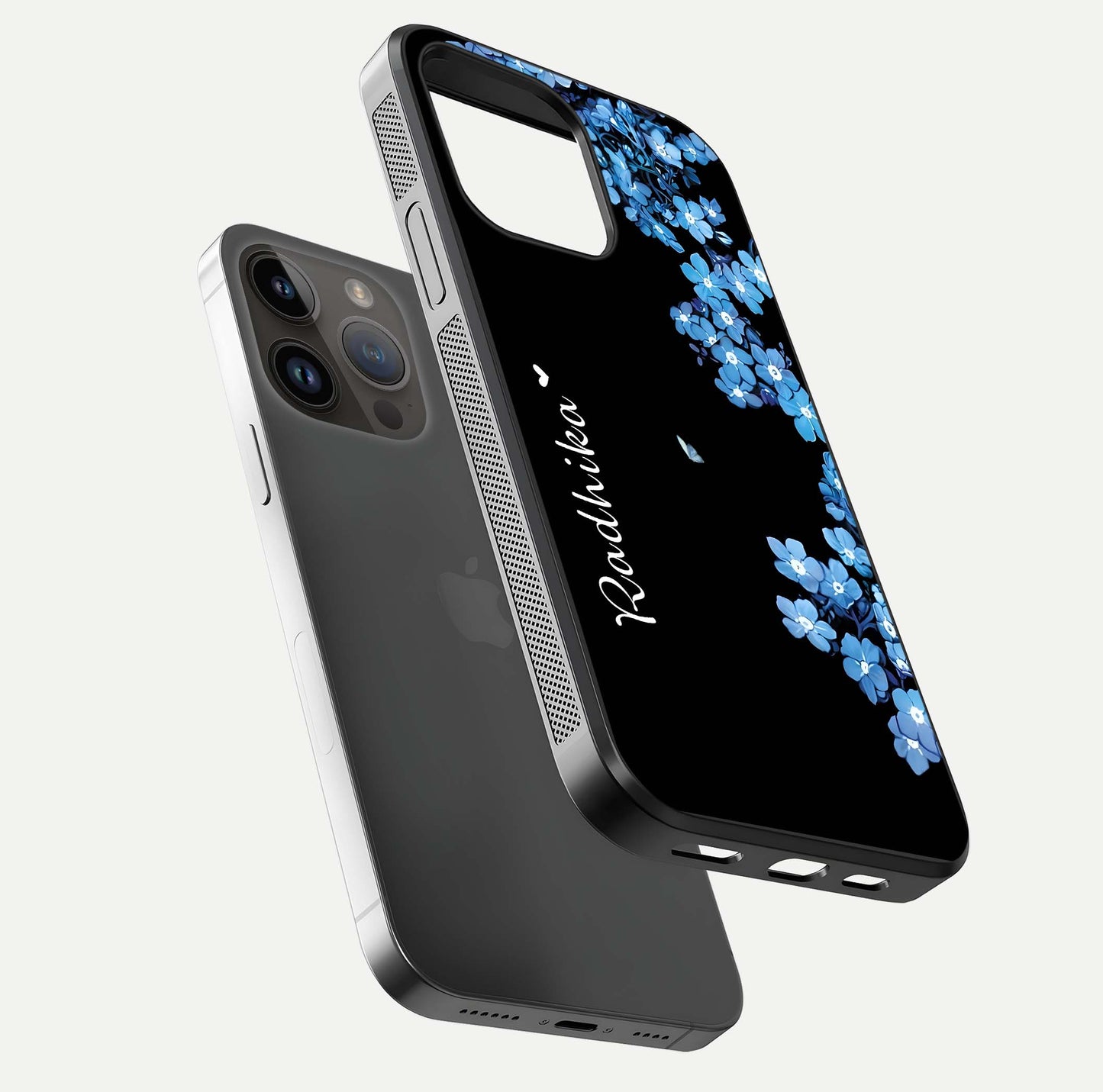 Blue Petal Dream Custom Name Glass Case for iPhone 14 Pro Max floating mockup capturing floral tones and glass shine