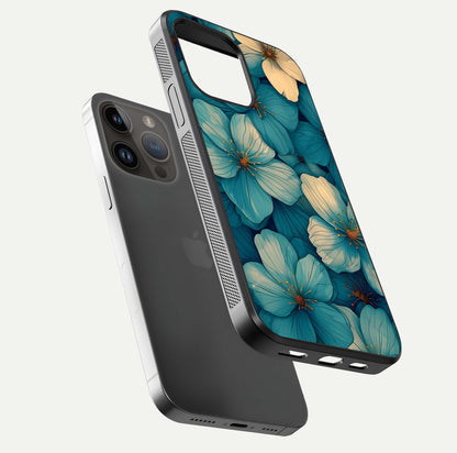 Blue Shade Floral Glass Case for iPhone 14 Pro Max floating mockup revealing gloss highlight and floral depth