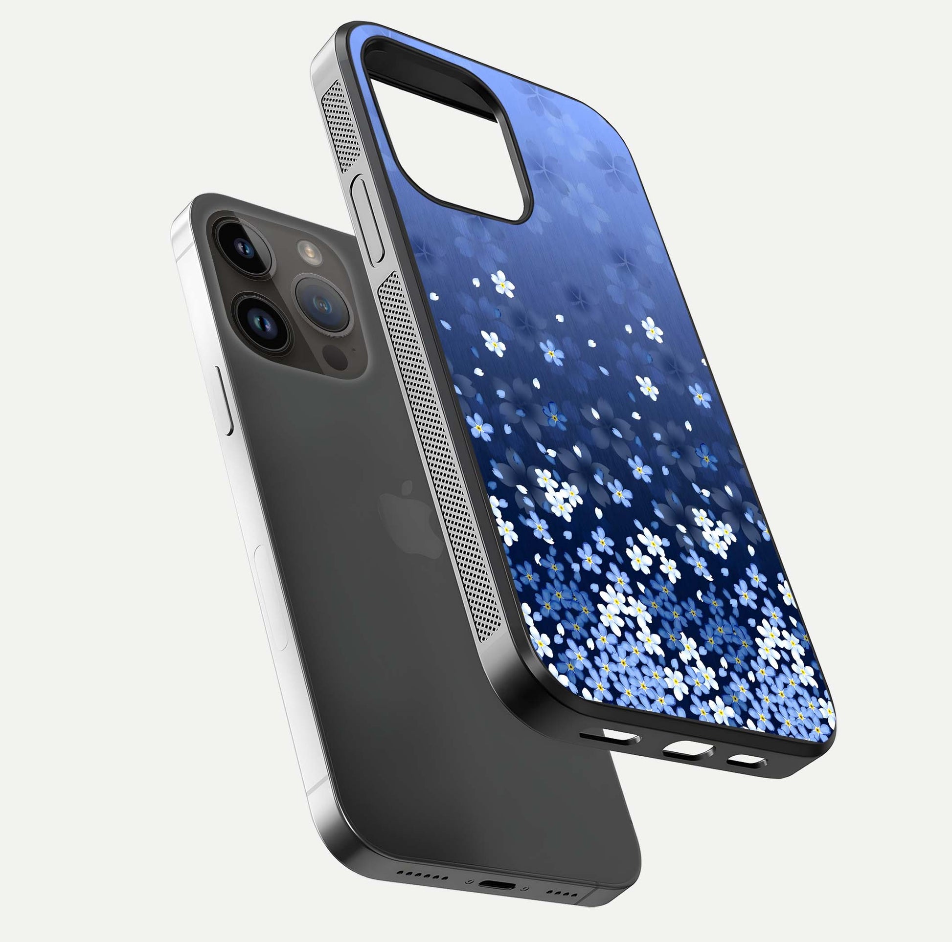 Blue Starry Glass Case for iPhone 14 Pro Max floating mockup capturing cosmic tone and HD gloss texture