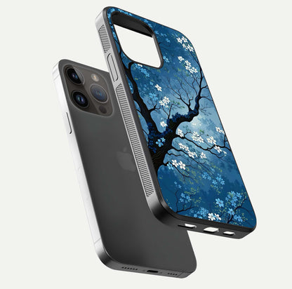 Blue Tree Serenity Glass Case for iPhone 14 Pro Max floating mockup displaying serene tones and HD glass polish