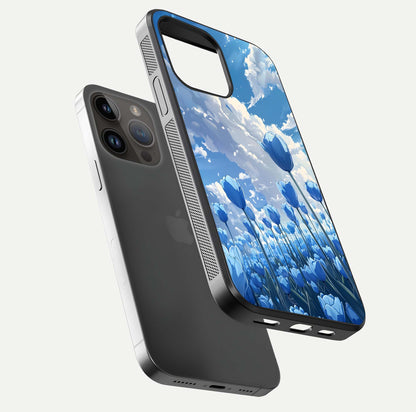 Blue Tulip Clouds Glass Case for iPhone 14 Pro Max floating mockup displaying tulip-cloud fusion art and smooth glass gloss