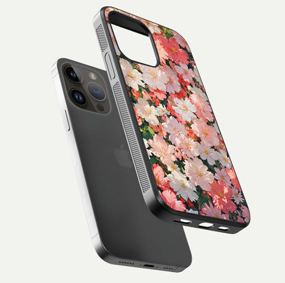 Blush Bloom Field Glass Case for iPhone 14 Pro Max floating mockup highlighting floral spread and edge reflection