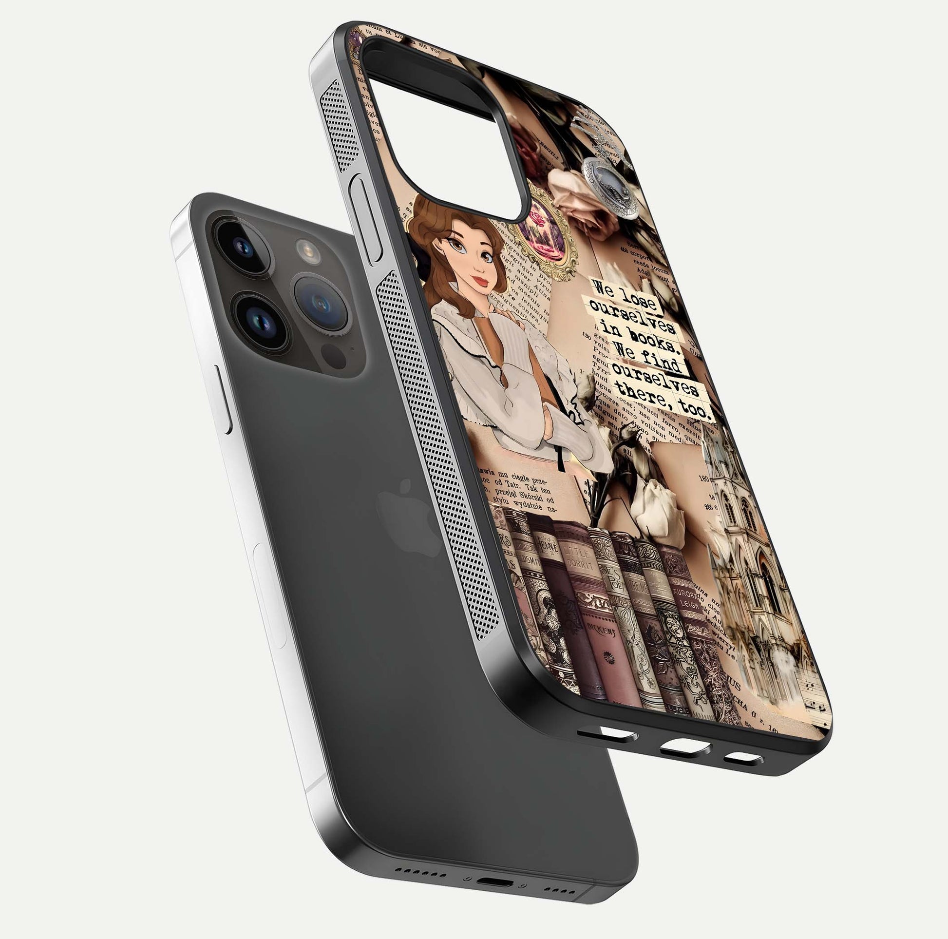 Bookish Dream World Glass Case for iPhone 14 Pro Max floating mockup capturing gloss shine and artistic balance