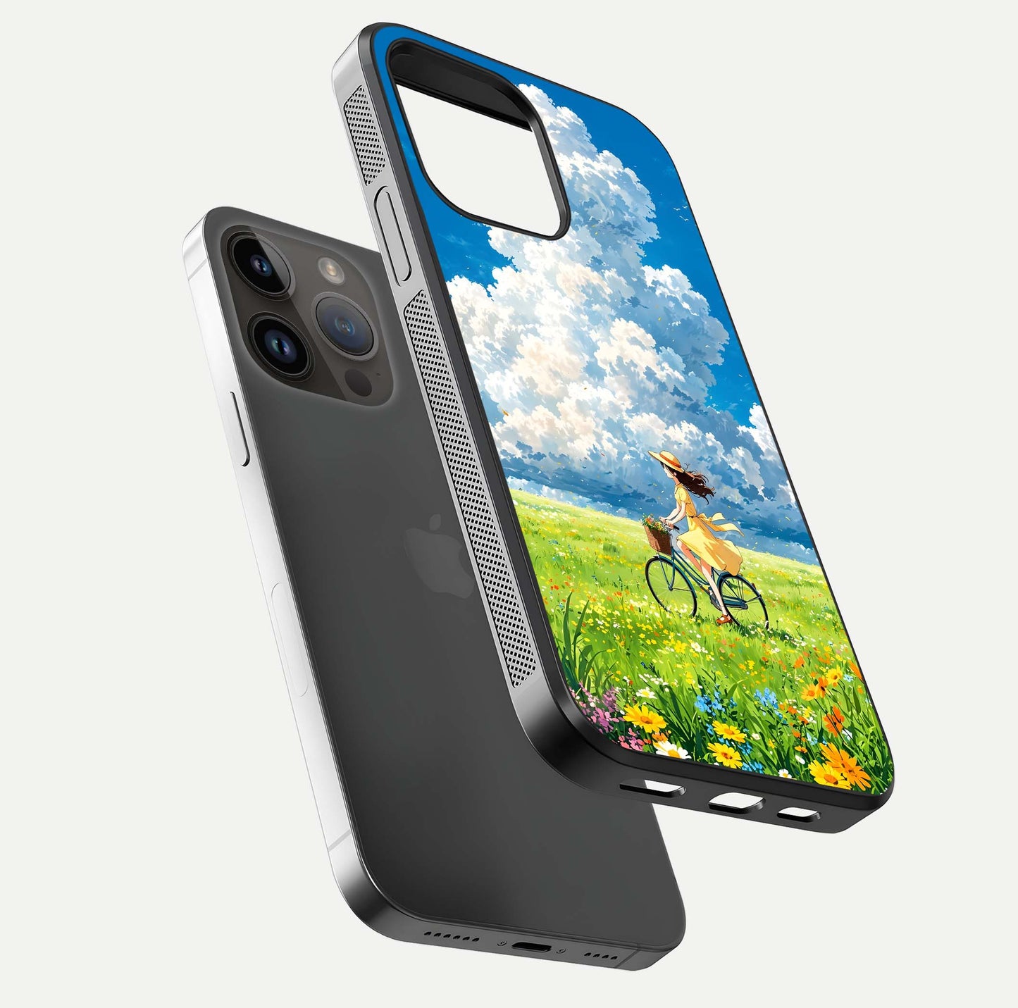 Breezy Meadow Ride Glass Case for iPhone 14 Pro Max floating mockup capturing serene tones and smooth finish