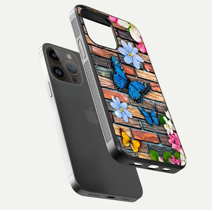 Brick Bloom Flight Glass Case for iPhone 14 Pro Max floating mockup displaying gloss reflection and pattern vibrancy