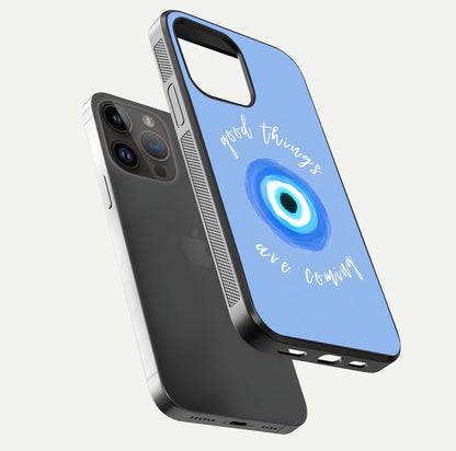 Bright Future Ahead Glass Case for iPhone 14 Pro Max floating mockup showing sleek design and positive quote print