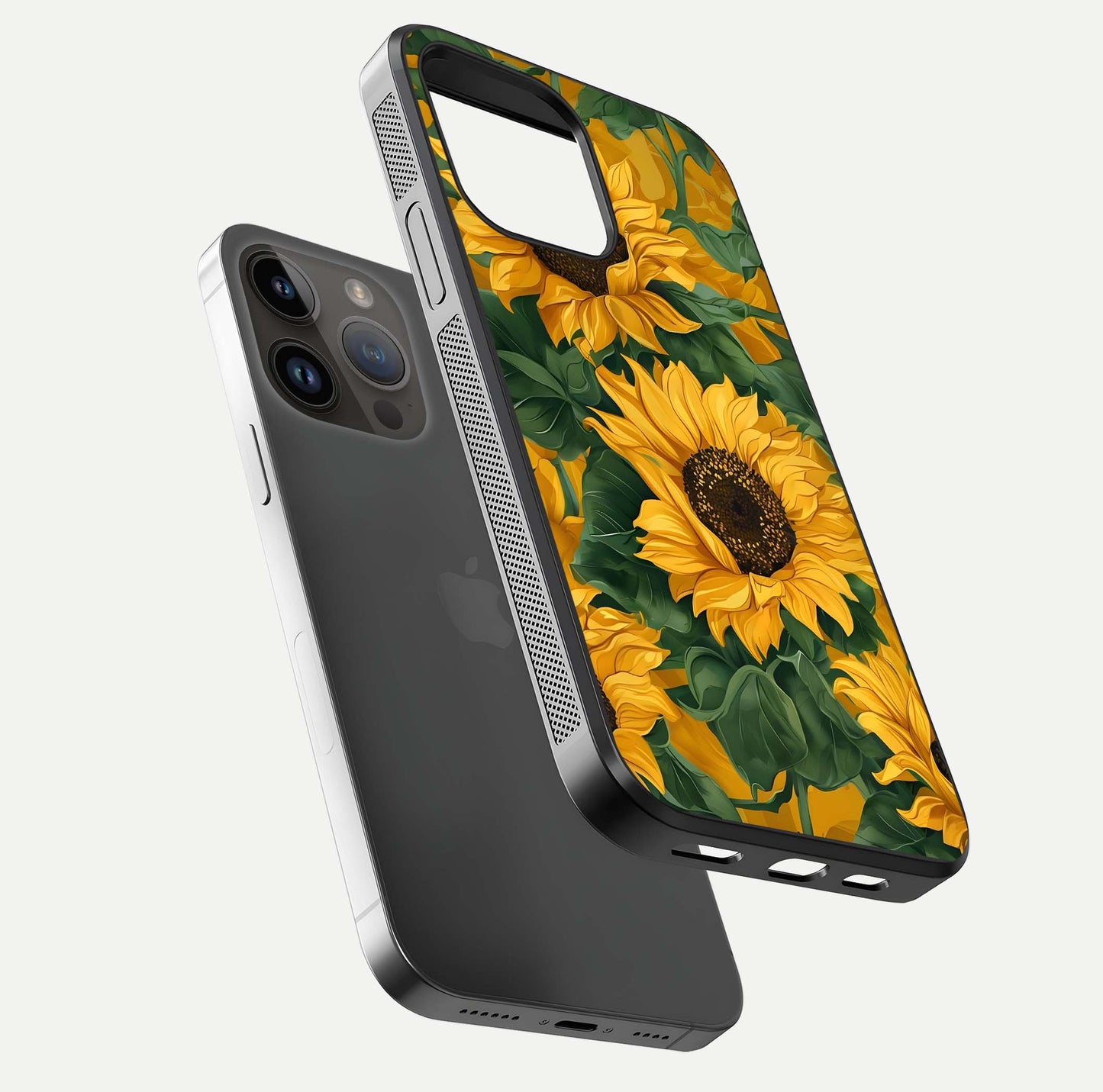 Bright Sunflower Bloom Glass Case for iPhone 14 Pro Max floating mockup capturing vibrant tones and gloss surface