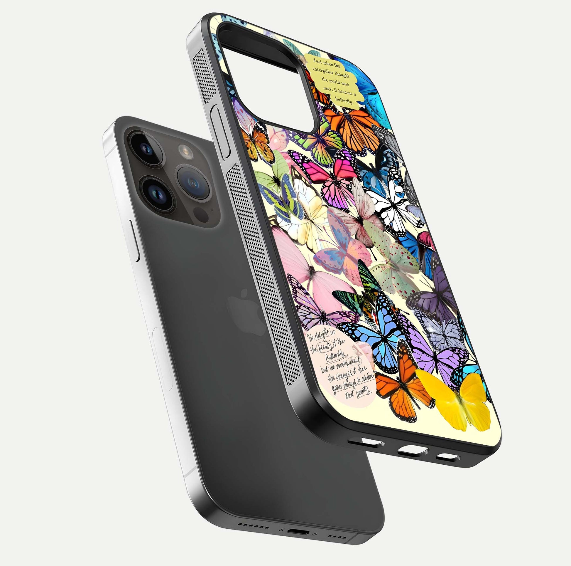 Butterflies Petal Dream Glass Case for iPhone 14 Pro Max floating mockup displaying detailed print and premium glass glow