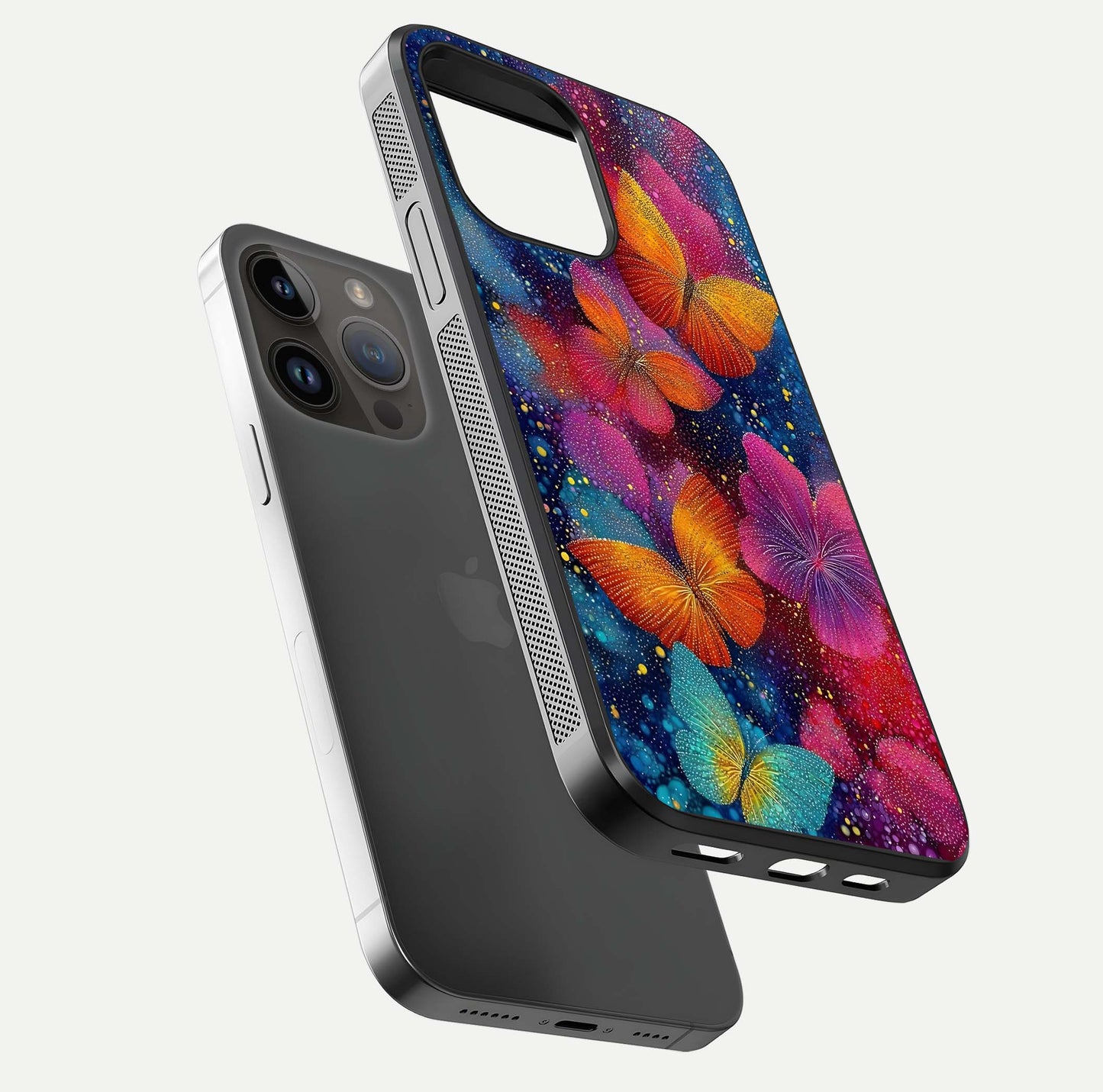 Butterfly Dream Mist Glass Case for iPhone 14 Pro Max floating mockup displaying glass shine and ethereal art depth