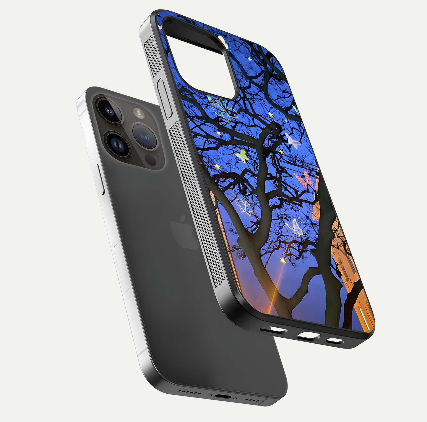 Butterfly Night Magic Glass Case for iPhone 14 Pro Max floating mockup showing night glow and smooth polish