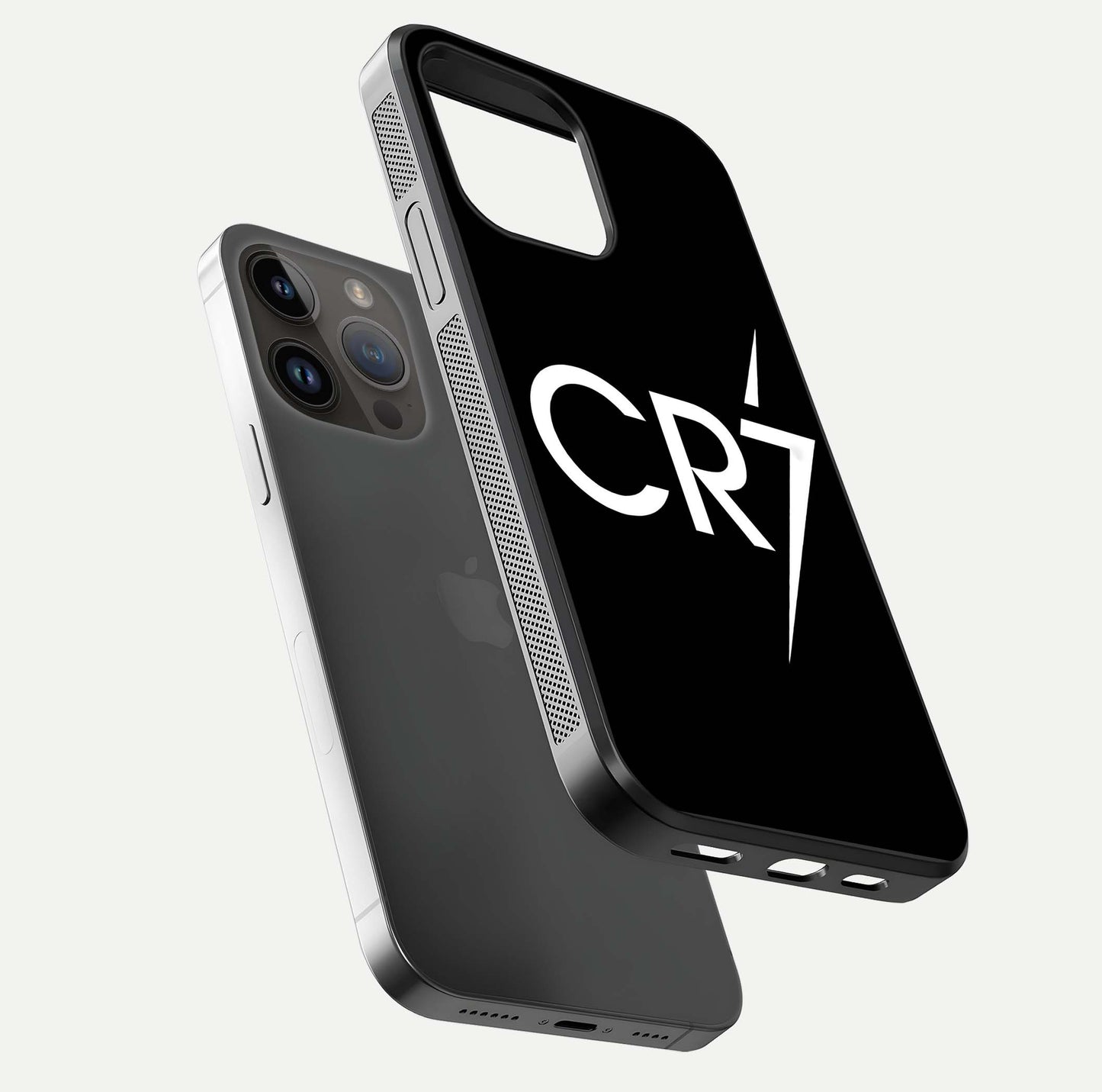 CR7 Elite Strike Glass Case for iPhone 14 Pro Max floating mockup displaying HD gloss and sporty texture