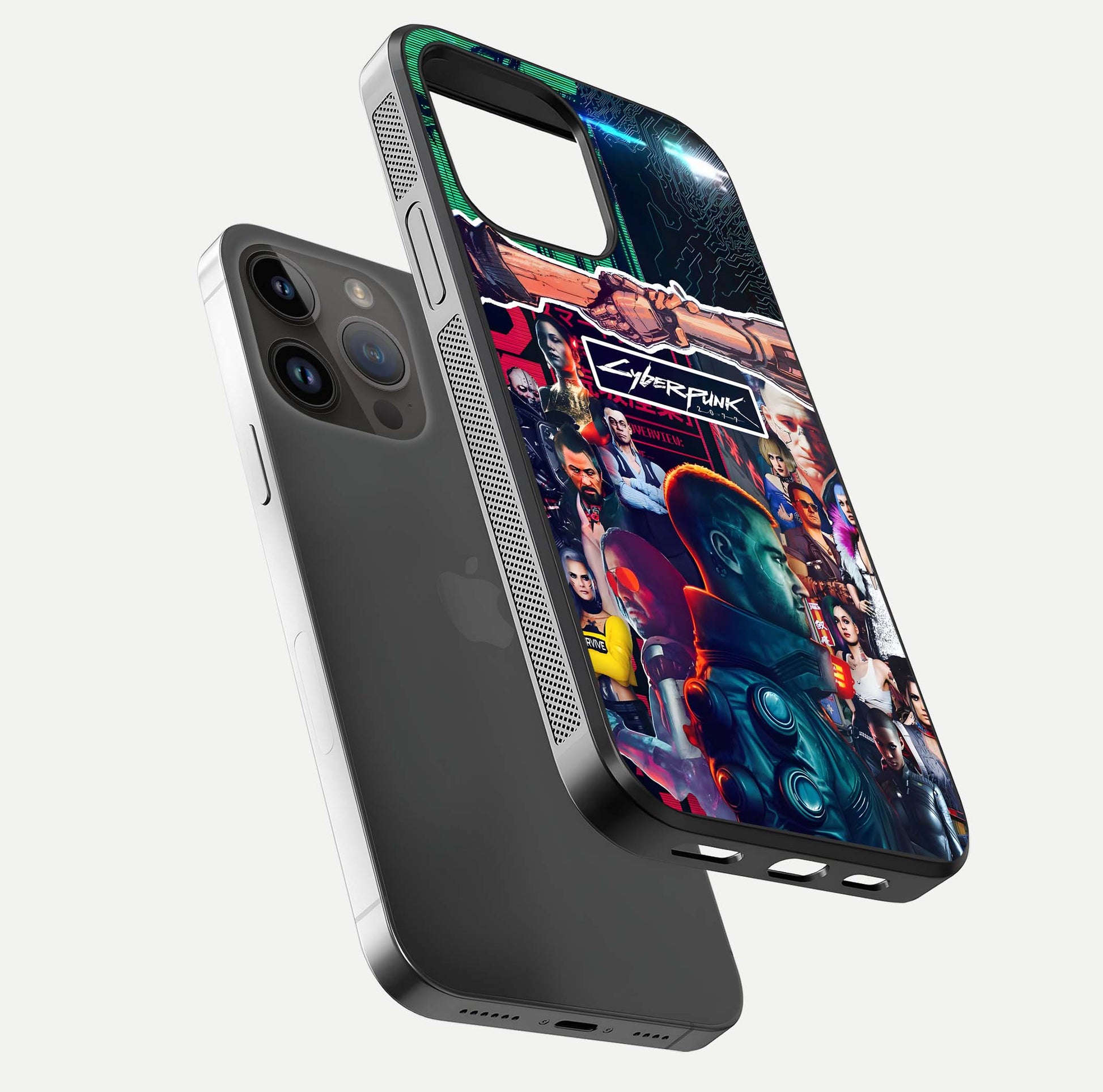 CYBERPUNK Legacy Glass Case for iPhone 14 Pro Max floating mockup showing HD gloss and neon glow detail
