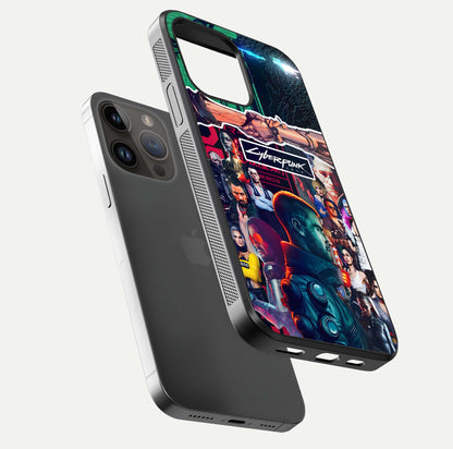 CYBERPUNK Legacy Glass Case for iPhone 14 Pro Max floating mockup showing HD gloss and neon glow detail