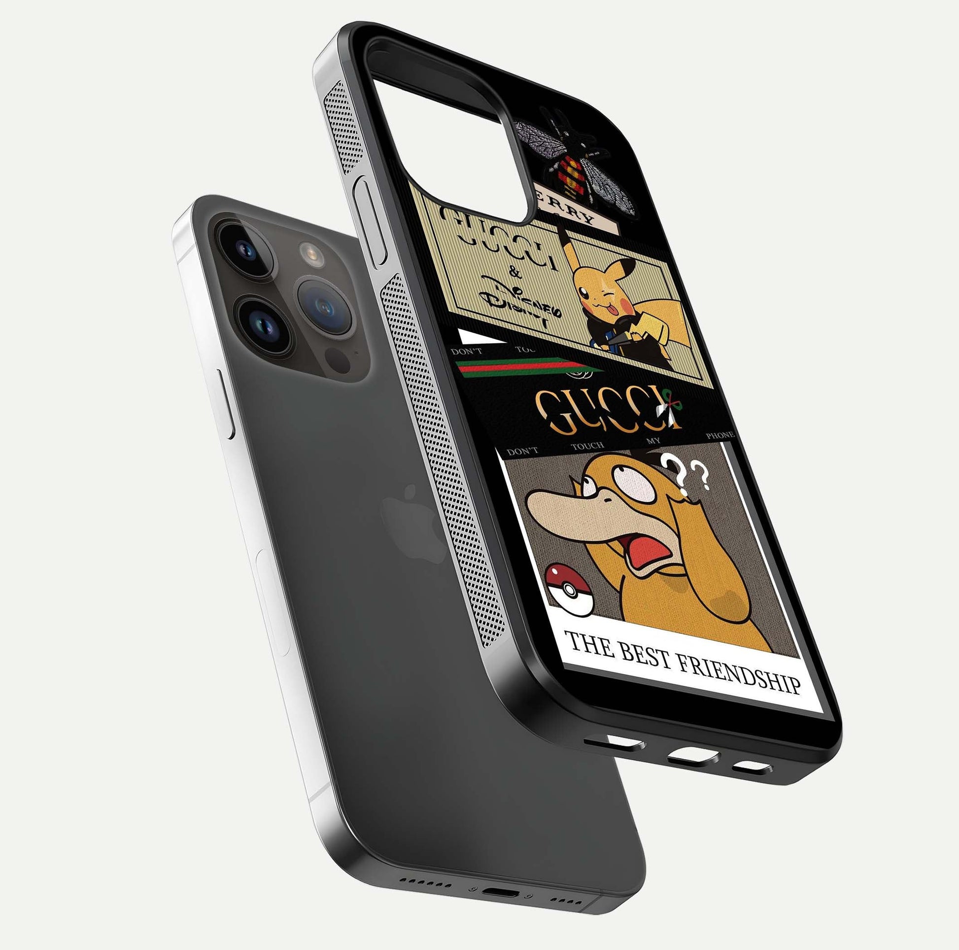 Cartoon Brand Play Mashup Glass Case for iPhone 14 Pro Max floating dual-view mockup showing gloss surface and vivid reflection
