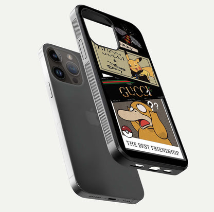 Cartoon Brand Play Mashup Glass Case for iPhone 14 Pro Max floating dual-view mockup showing gloss surface and vivid reflection