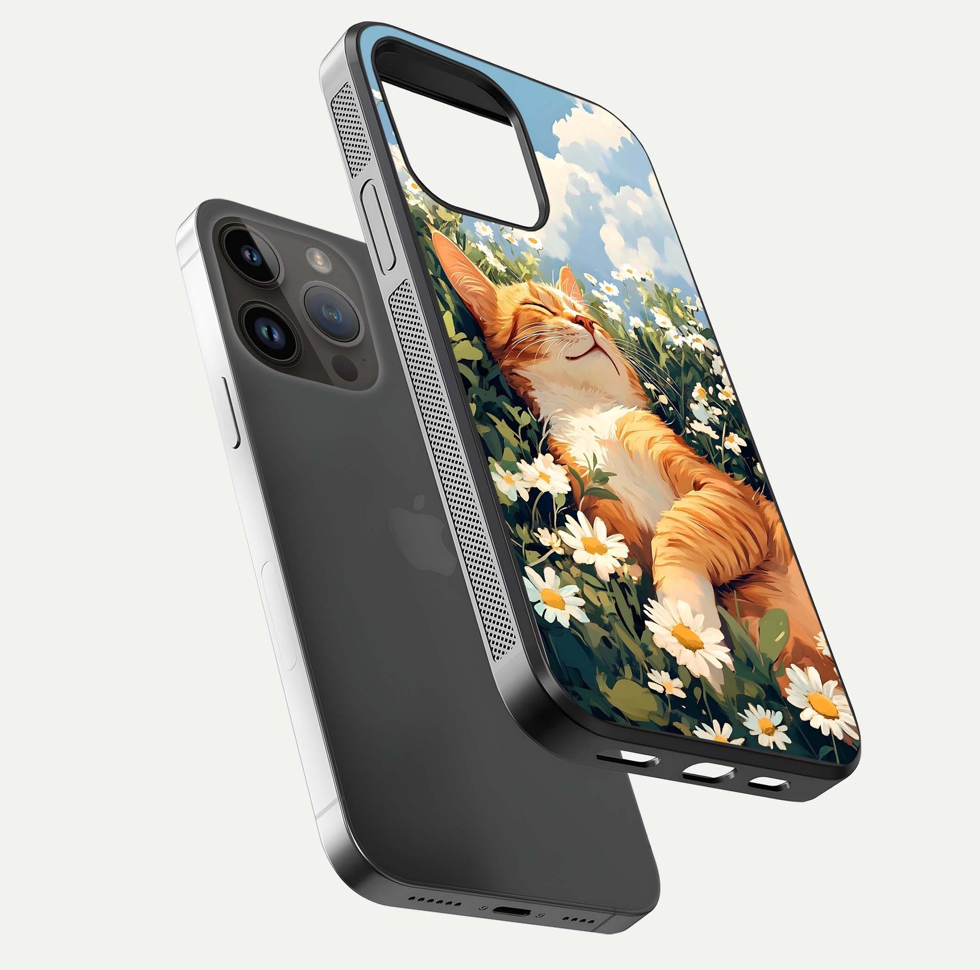 Cat & Flowers View Glass Case for iPhone 14 Pro Max floating mockup showing design reflection and protective edges
